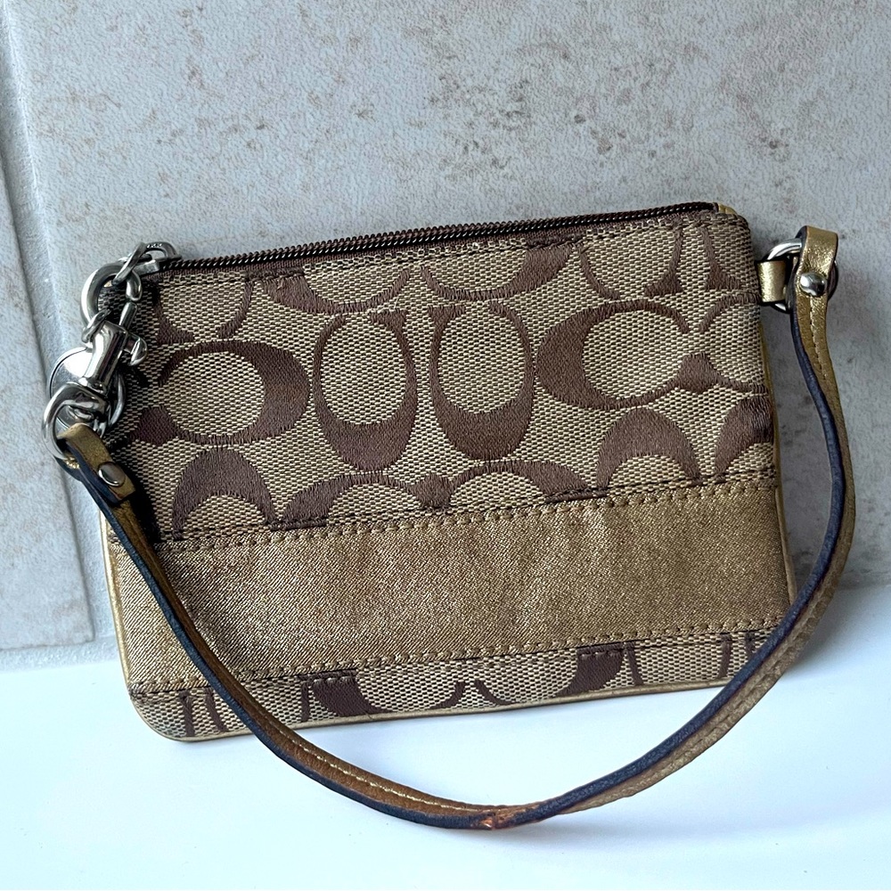 Coach Wristlet Tan Canvas Monogram Sparkly Gold Stripe